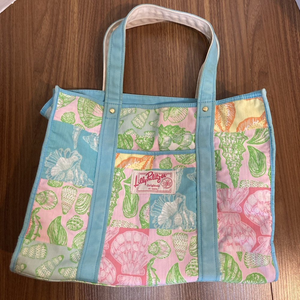 Lilly Pulitzer Mercato Canvas Tote Seashells Zip Closure Multicolor Inner Pocket